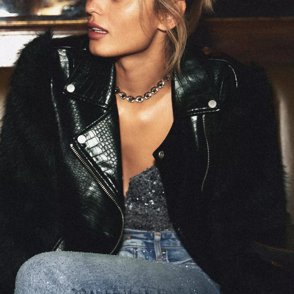 Avec Les Filles Textured Faux Leather Faux Fur Mix Biker Jacket
